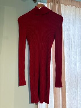 Ribbed Red Long Sleeve Turtleneck Dress